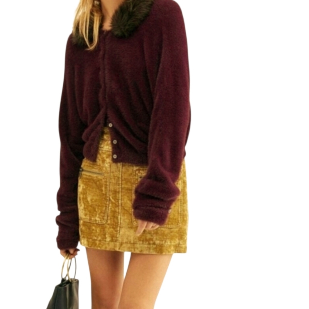 Free People Dust to Dust Velvet Yellowish Green Mini Skirt
